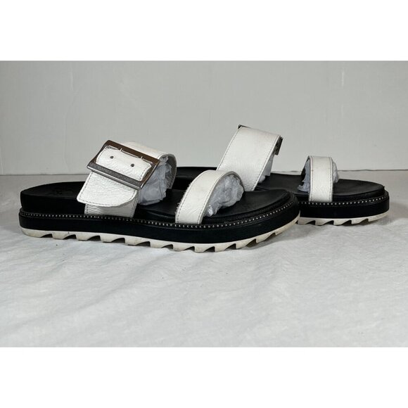 Sorel White Leather Roaming Slide Sandals Black‎ Footbed Size 9 - Picture 1 of 8